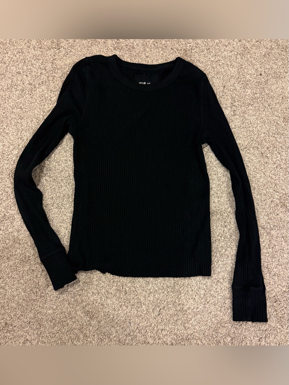 aerie Women’s Black Ribbed Long-Sleeve Top - Lightweight Crewneck